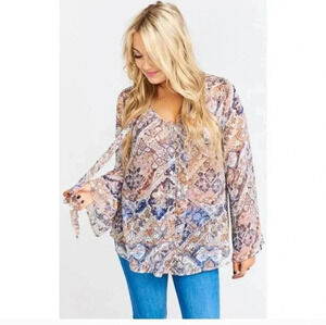 Show Me your MuMu Taylor Tie Retro Boho Chic Inspired Button Down Blouse(S)